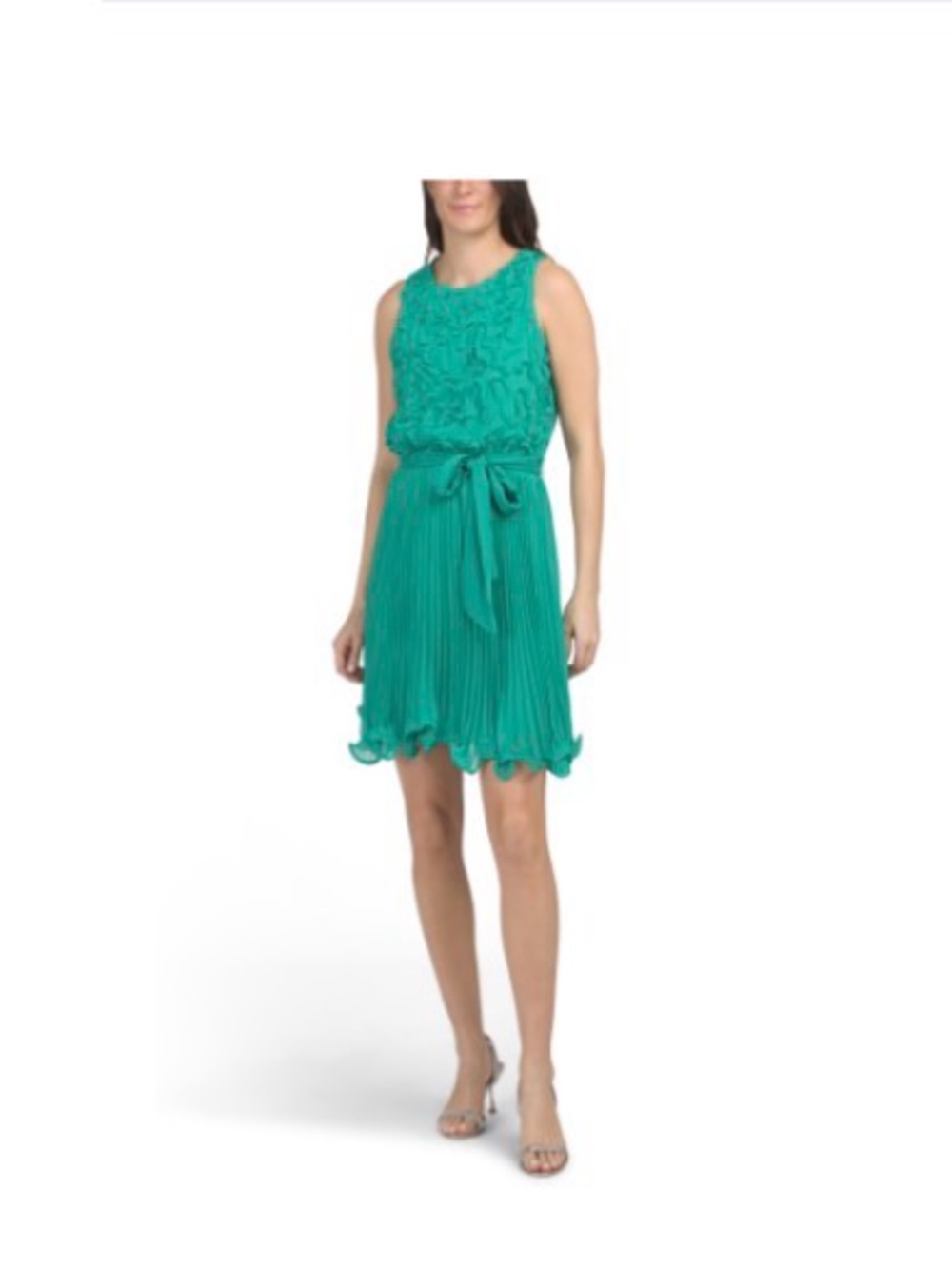 Taylor Sleeveless Jade Green Soutache Chiffon Tie-Waist Dress Size 4
